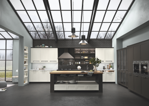 Hera in laccato opaco nero Ombra e rovere Moon. Isola in legno rovere Dry. Cappa in metallo verniciato.